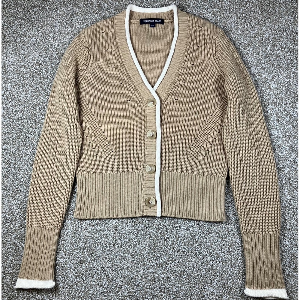 Veronica Beard Beatrice Cotton Ribbed Cardigan Sweater Stone Khaki Size XS